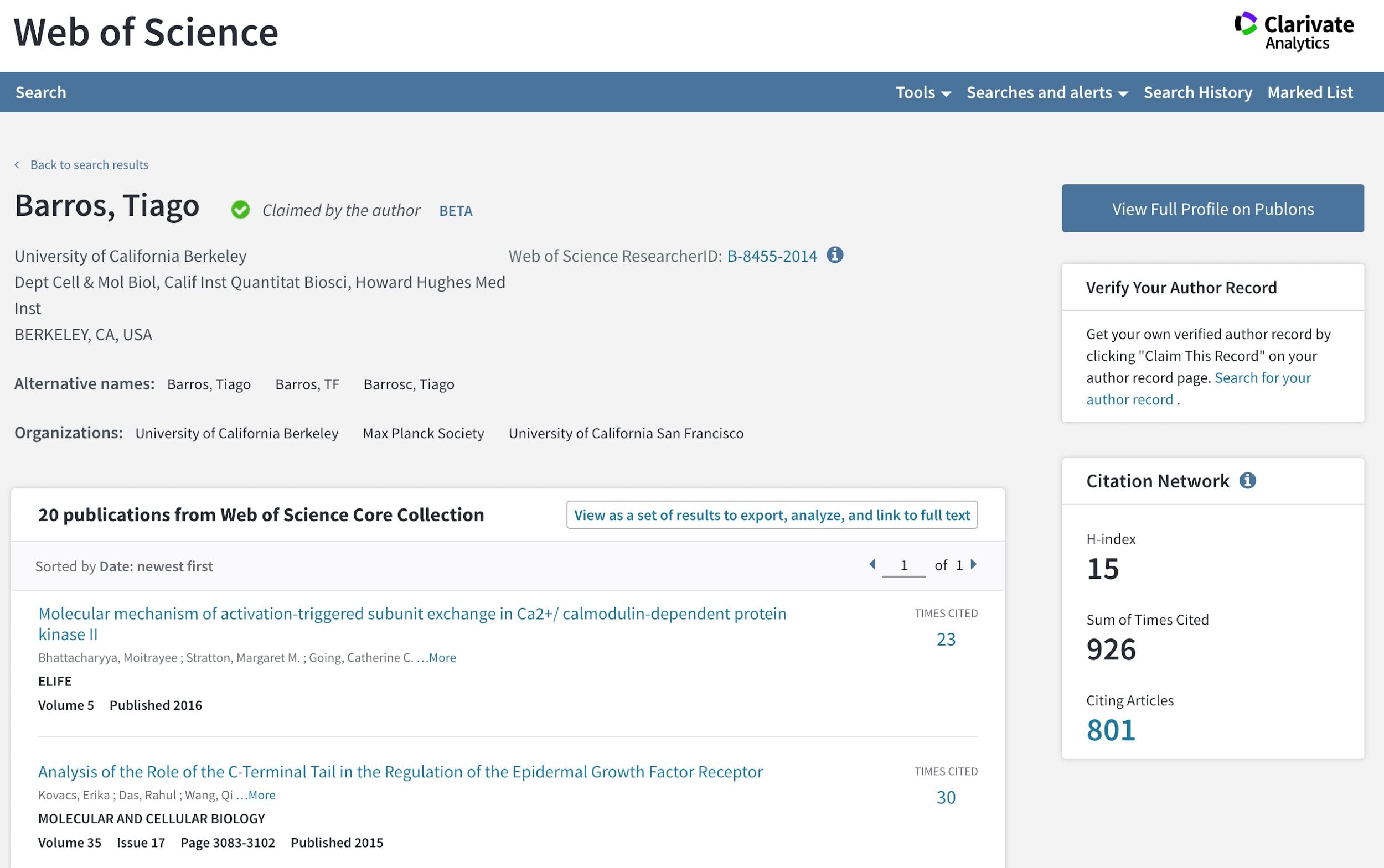 Author record on Web of Science to help you find top authors in your field