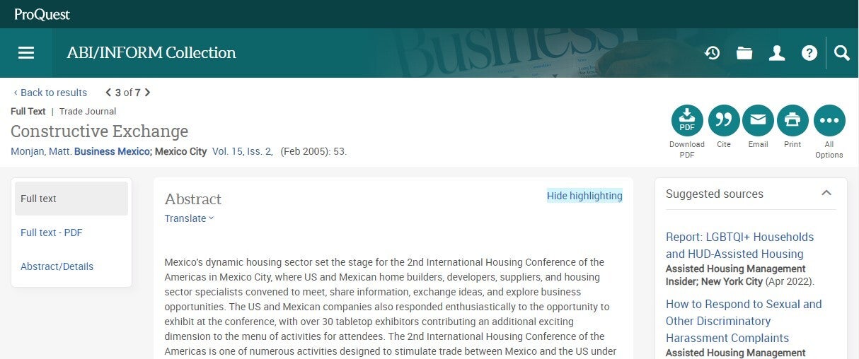A screenshot of the ProQuest Platform user interface. The example is an article from the ABI INFORM Collection. The ProQuest logo is positioned in the upper left-hand corner and provides a link to the ProQuest homepage. The user account settings, help pages, and Quick Search are available as icons in the upper right-hand corner. The main window displays the article with the article title and authors listed at the top of the page. The reading format options for the article are available in a panel on the left-hand side of the page. In the example, the options are Full Text, Full Text PDF and Abstract Details. The abstract is positioned at the top of the article within the reading pane. A panel is available on the right-hand side of the page. At the top of the panel are 5 icon options: Download PDF, Cite Article, Email Article, Print Article, and All Options. A Suggested sources section lists articles related to the viewed article.