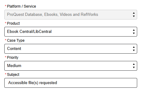 Accessibility request form showing completed selections. The Platform/Service field is set to 