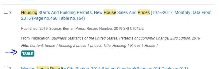 example of a Table record in the Statistical Insight search results