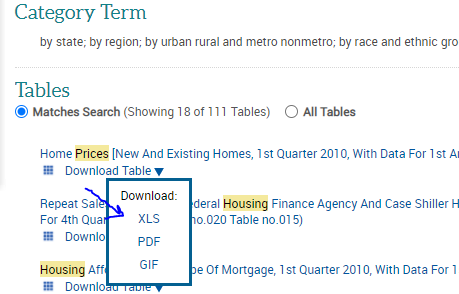Download Table options from within document view