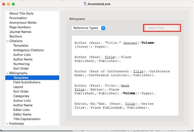 Style editor with the 'Insert Field' area that does not work highlighted