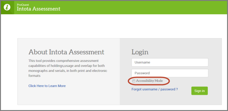 Screenshot of Intota Assessment login screen with accessibility mode