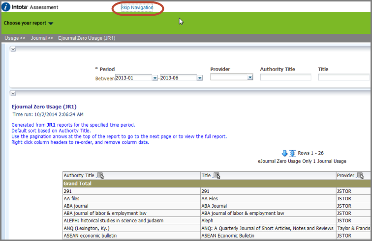 Screenshot of the product "skip navigation" link at the top of the page to allow the focus of the page to go directly to the report results
